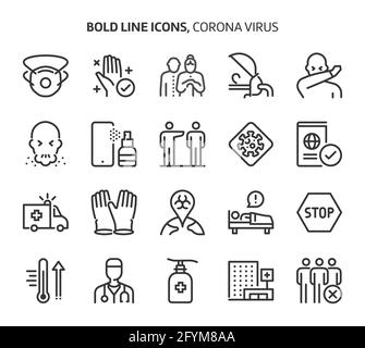 Corona-Virus, Symbole mit fetten Linien. Die Illustrationen sind Vektorgrafiken, bearbeitbare Striche, 48x48 Pixel perfekte Dateien. Mit Präzision und einem Auge für Qualität gefertigt. Stock Vektor