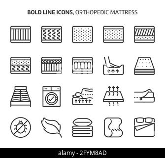 Orthopädische Matratze, Symbole mit fetten Linien. Die Illustrationen sind Vektorgrafiken, bearbeitbare Striche, 48x48 Pixel perfekte Dateien. Mit Präzision und Augenweib für q gefertigt Stock Vektor