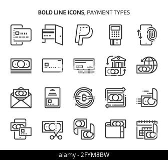 Zahlungstypen, Symbole in fetter Linie. Die Illustrationen sind Vektorgrafiken, bearbeitbare Striche, 48x48 Pixel perfekte Dateien. Mit Präzision und einem Auge für Qualität gefertigt Stock Vektor