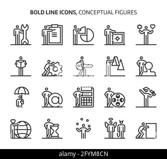 Konzeptionelle Figuren, Symbole in fetten Linien. Die Illustrationen sind Vektorgrafiken, bearbeitbare Striche, 48x48 Pixel perfekte Dateien. Gefertigt mit Präzision und Auge für qu Stock Vektor