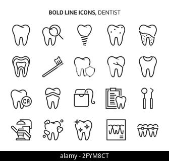 Zahnarzt, Symbole mit fetten Linien. Die Illustrationen sind Vektorgrafiken, bearbeitbare Striche, 48x48 Pixel perfekte Dateien. Mit Präzision und einem Auge für Qualität gefertigt. Stock Vektor