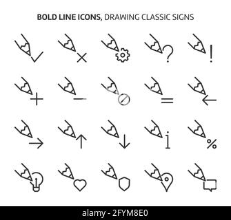 Zeichnungszeichen, Symbole mit fetten Linien. Die Illustrationen sind Vektorgrafiken, bearbeitbare Striche, 48x48 Pixel perfekte Dateien. Mit Präzision und einem Auge für Qualität gefertigt Stock Vektor