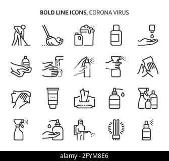 Corona-Virus, Symbole mit fetten Linien. Die Illustrationen sind Vektorgrafiken, bearbeitbare Striche, 48x48 Pixel perfekte Dateien. Mit Präzision und einem Auge für Qualität gefertigt. Stock Vektor