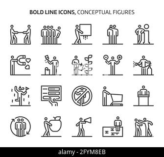 Konzeptionelle Figuren, Symbole in fetten Linien. Die Illustrationen sind Vektorgrafiken, bearbeitbare Striche, 48x48 Pixel perfekte Dateien. Gefertigt mit Präzision und Auge für qu Stock Vektor