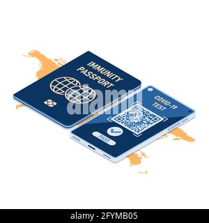 Flacher 3d Isometric Immunity Passport und Smartphone mit digitalem Impfzertifikat für COVID-19. Immunität Pass und Impfpass Zertifizierung Stock Vektor