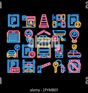 Abbildung des Leuchtsymbols für den Parkwagen mit Neonlicht Stock Vektor