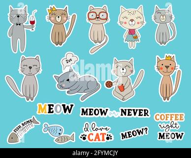 Handgezeichnete Sammlung mit bunten Katzen-Doodle-Sticker. Vektorgrafik. Stock Vektor