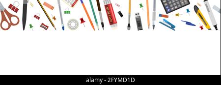 Schreibwaren. Güter für Büro, Schule und Kreativität. Oberer Rahmen. Für ein Banner. Das isolierte Objekt auf weißem Hintergrund. Vektorgrafik Stock Vektor