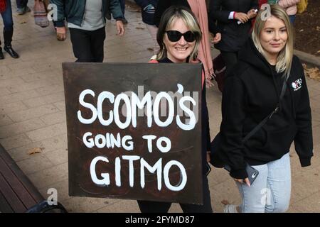 Sydney, Australien. Mai 2021. Tausende nehmen an dem ‘Millionen marschieren gegen obligatorische Impfungen’ Teil, um gegen die Covid-19 (Coronavirus)-Impfung zu protestieren. Redner sprachen im Hyde Park an das Publikum. Kredit: Richard Milnes/Alamy Live Nachrichten Stockfoto