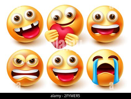 Smileys Emoji Vektorset Smiley Emojis Niedlichen Gelben Gesicht In Glucklich Verliebt Hungrig Mude Wutend Und Erbrechen Stimmung Und Gefuhle Fur Charakter Emoticon Stock Vektorgrafik Alamy