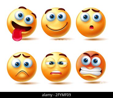 Smileys-Emoticon-Vektorset. Emoji 3d-Emoticons isoliert auf weißem Hintergrund mit einem Gesicht wie glücklichen, traurigen, wütenden und müden Emotionen für einen Smiley-Ausdruck. Stock Vektor