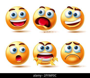 Emoticon Smileys Vektor-Zeichensatz. Emoji 3d-Smiley mit fröhlicher, schockierter, schreiender und tränenvoller Gesichtsausdruck für Smiley-Figuren. Stock Vektor