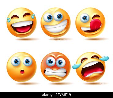 Emoticon Smileys Vektorset. Smiley 3d Emojis Charakter in Mimik wie Lachen, wütend und Weinen für Emoticons Charakter Sammlung. Stock Vektor