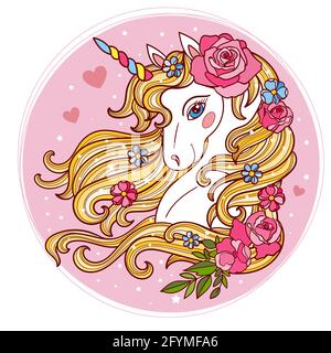 Einhornkopf mit langer Mähne und Rosen. Vektorgrafik. Stock Vektor