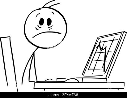 Schockiert Geschäftsmann und fallen Grafik auf Computer-Display, Vektor Cartoon Stick Abbildung Stock Vektor
