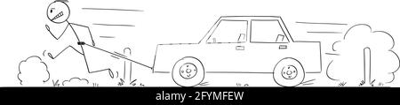 Mann, der auf der Straße läuft und ein kaputtes Auto zieht, Vektorgrafik Cartoon Stick Abbildung Stock Vektor