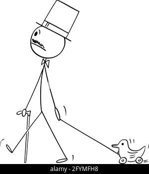 Verrückter Adliger, der mit Stock und Top-Hut läuft, Spielzeugente zieht, Vektor-Cartoon-Stick-Abbildung Stock Vektor