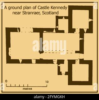 Castle Kennedy Gardens & Gardens, Dumfries & Galloway, Schottland im Jahr 2021 - EIN Grundriß der ruinierten alten Burg, die 1607 vom Grafen von Cassilis als Herrenhaus auf dem Gelände der ursprünglichen mittelalterlichen Burg erbaut wurde. 1677 von Sir John Dalrymple gekauft, wurde es später das Haus des Grafen von Stair, wurde aber 1716 durch einen Brand zerstört und nie wieder aufgebaut. Das alte planmäßige Denkmal steht auf dem Hügel im Zentrum der Insel (Isthmus) mit weißen und schwarzen Seen auf jeder Seite. Die mittelalterliche Struktur wurde für Szenen in der britischen Originalfassung des Wickerman-Films verwendet. Stockfoto