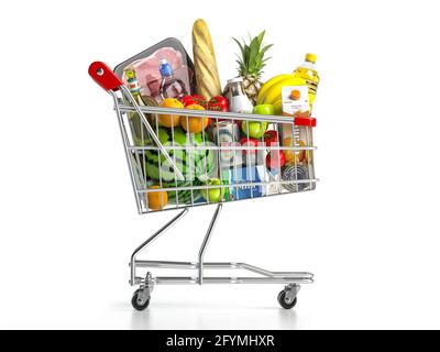 Warenkorb voller Lebensmittel isoliert auf weiß. Lebensmittelgeschäft und Lebensmittelgeschäft Konzept. 3d-Illustration Stockfoto