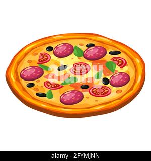 Pizza isometrisch mit Zutaten Tomate, Salami, Käse, Pilze. Vektorgrafik Stock Vektor