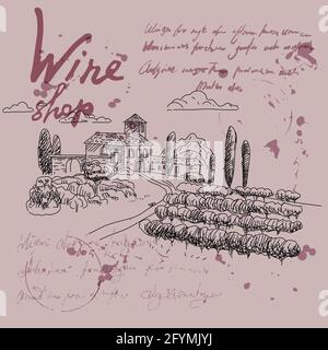 Weinberglandschaft handgezeichneter Scetch. Vinothek, Weintrauben im Vintage-Stil, unlesbarer Text. Vektorgrafik Stock Vektor