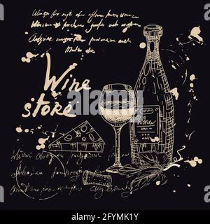 Sammlung Weinprodukte und Weinberg handgezeichnete scetch. Trauben, Flasche, Käse, Glas, Korkenzieher im Vintage-Stil unlesbarer Text. Vektorgrafik Stock Vektor