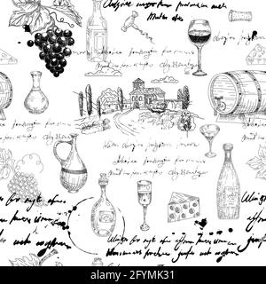 Nahtlose Muster Weintraubenzweig, Flaschen, Gläser, Weinberg, unlesbarer Text, Holzfass, Käse, Korkenzieher. Doodle Skizze Handzeichnung. Vektor Stock Vektor