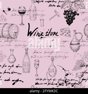 Vektor Nahtloses Muster Weintraubenzweig, Flaschen, Gläser, unlesbarer Text, Holzfass, Chees, Korkenzieher. Doodle Skizze Handzeichnung. Vektor Stock Vektor