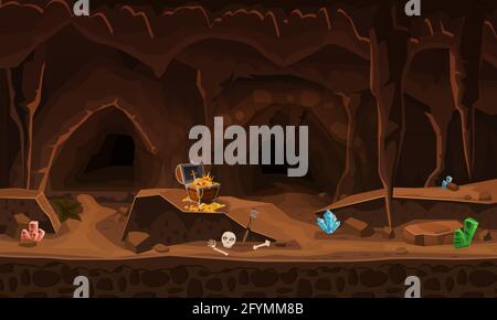 Schatzhöhle mit Goldmünzen, Edelsteinen. Konzept, Kunst für Computerspiel. Hintergrundbild für Spiele, Apps, Banner, Grafiken. Vektorgrafik Stock Vektor