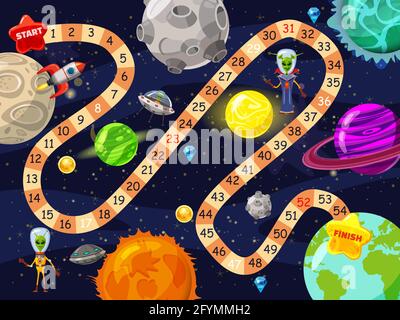 Space Board Spiel Vektor Illustration. Raketen UFO und Aliens in Raum Bord Spiel Strategie Kind Cartoon Design Vorlage oder Racing Tabletop Spiel mit Stock Vektor