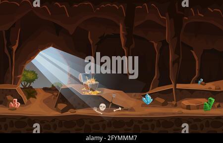 Schatzhöhle mit Goldmünzen, Edelsteinen. Konzept, Kunst für Computerspiel. Hintergrundbild für Spiele, Apps, Banner, Grafiken. Vektorgrafik Stock Vektor