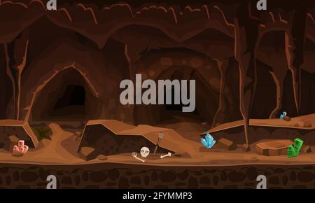 Schatzhöhle mit Kristallen. Konzept, Kunst für Computerspiel. Hintergrundbild für Spiele, Apps, Banner, Grafiken. Vektorgrafik Cartoon-Illustration Stock Vektor