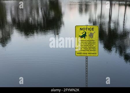 Warnschild vor einem See, das anweist, Alligatoren und Schlangen nicht zu nähern oder zu füttern Stockfoto