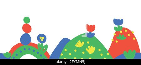 Nahtlose Kinder Zeichnung Rahmen Vektor. Kindliche, von Hand gezeichnete Hügel, Blumen, die sich horizontal wiederholende Muster wiederholen. Für Kinderplakate, Einladungen Stock Vektor