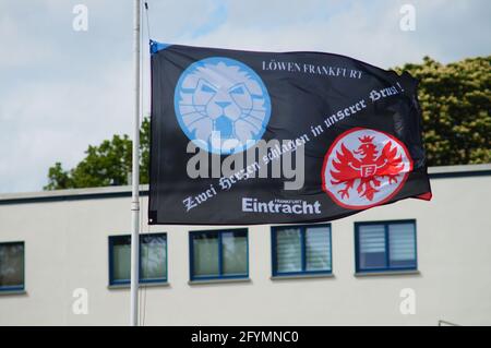 FRANKFURT, 21. Mai 2021: Eine Fahne im Garten unterstützt sowohl den Eishockeyclub Frankfurter Lowen als auch den Bundeslegisten Frankfurter Eintracht. Stockfoto
