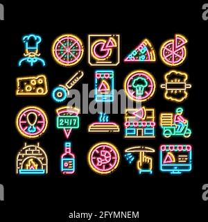 Pizza Delicious Food – Illustration mit Leuchtsymbol in Neonfarben Stock Vektor