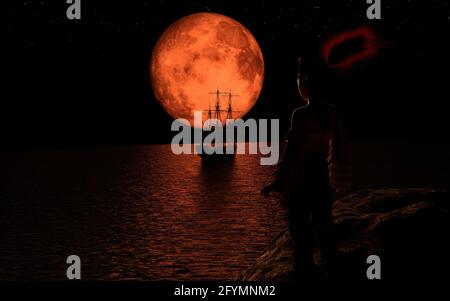 Piratenschiff auf dem vollen roten Mond. Die Piratenfrau, die auf einem Felsen steht. 3d-Rendering. Stockfoto