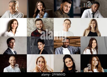 Collage oder Mosaik unterschiedlicher ethnischer Herkunft Jugendliche gruppieren Kopfaufnahmen, lächelnde multikulturelle Menschen, die während einer Videokonferenz oder einem Meeting auf die Kamera schauen Stockfoto
