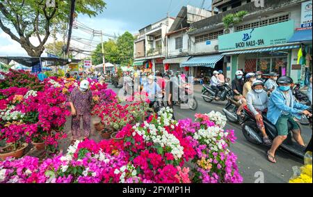 Hektik des Kaufens von Blumen auf Blumenmarkt, Einheimische kaufen Blumen für Dekorationszwecke das Haus am Mondneujahr in Ho Chi Minh City, Vietnam. Stockfoto