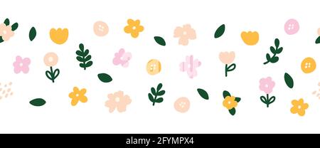 Horizontales weißes Banner oder floraler Hintergrund, verziert mit bunten blühenden Blumen und nahtlosen Rahmen. Frühling botanischen flachen Vektor Stock Vektor