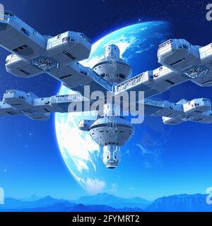 Raumschiffe über einem fremden Planeten, Illustration Stockfoto