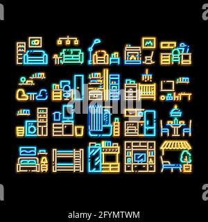 Startseite Zimmer Möbel Neon leuchten Symbol Illustration Stock Vektor