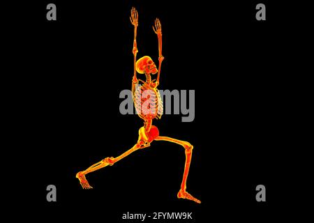 Skelett in Krieger 1 Yoga-Pose, Illustration Stockfoto