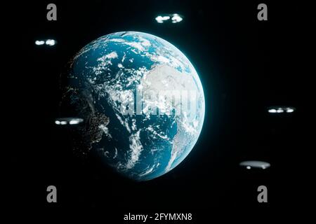 Alien-Raumschiffe nähern sich dem Planeten Erde 3d-Illustration Stockfoto
