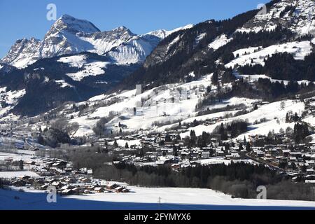 FRANKREICH. HAUTE-SAVOIE (74) VAL D'ARLY. MEGEVE SKIGEBIET Stockfoto