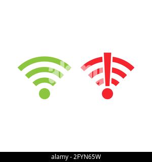 Wi-Fi-Symbol eingestellt. Wireless-Technologie-Kollektion. Grüne und rote WiFi-Piktogramm-Gruppe. Kein Signal. Stock Vektor