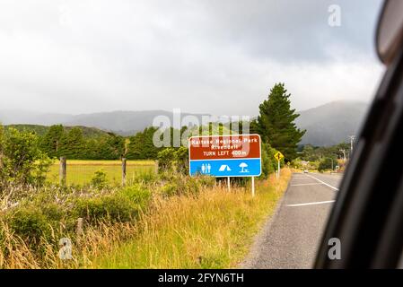 Straßenschild für berühmten Film-Set Rivendell aus der Herr der Ringe, Nordinsel von Neuseeland Stockfoto