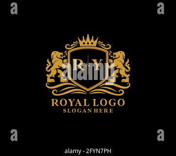 RY Letter Lion Royal Luxury Logo Vorlage in Vektorgrafik für Restaurant, Royalty, Boutique, Cafe, Hotel, Wappentisch, Schmuck, Mode und andere Vektor il Stock Vektor
