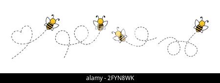 Niedliche Bienen mit gepunkteten Linien. Vektorgrafik isoliert auf Weiß Stock Vektor