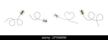 Niedliche Bienen mit gepunkteten Linien. Vektorgrafik isoliert auf Weiß Stock Vektor